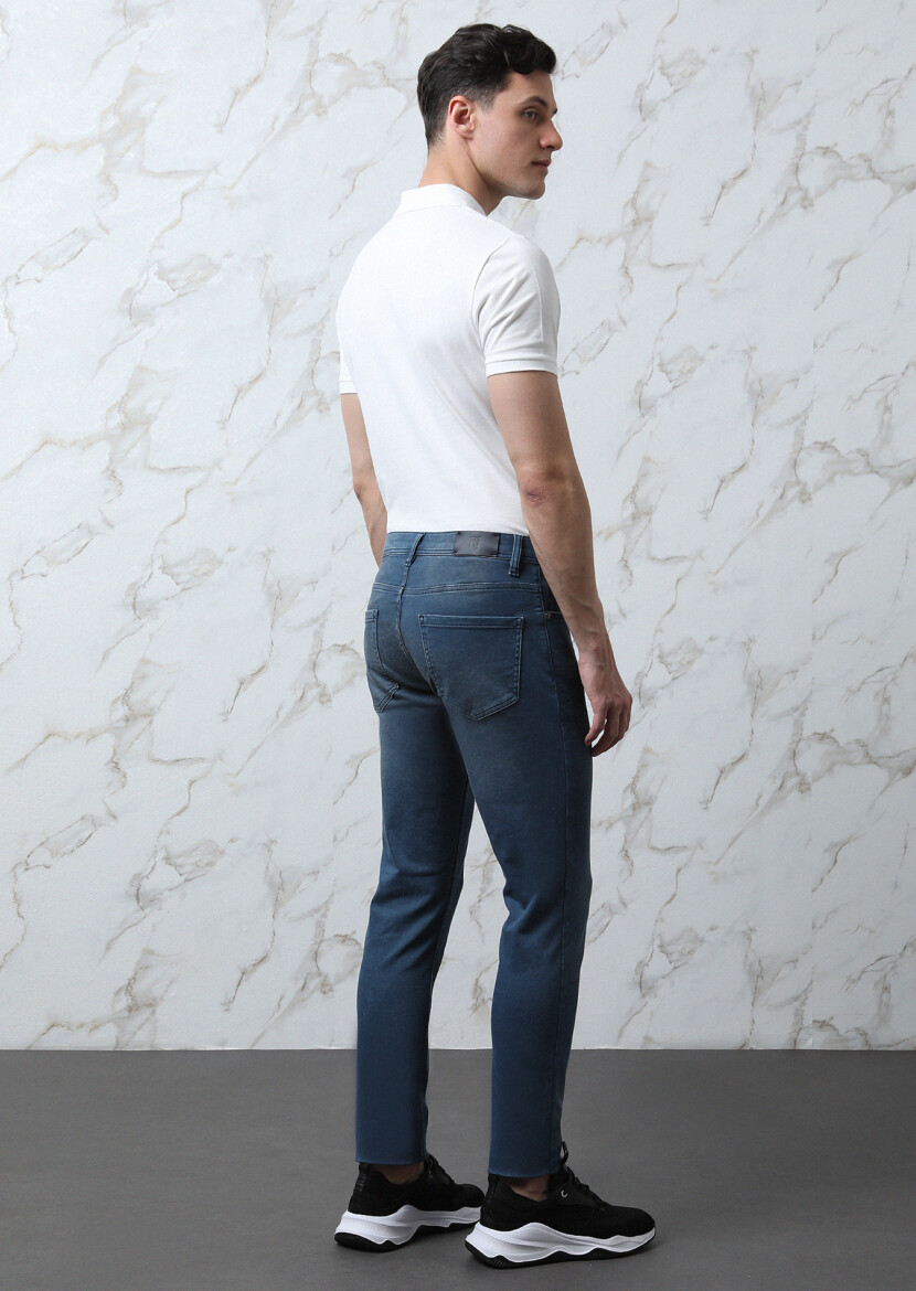 Indigo Slim Fit Denim Cotton Blended Trousers - 4