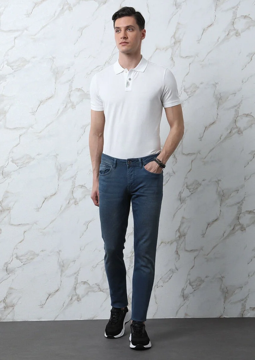 Indigo Slim Fit Denim Cotton Blended Trousers - 1