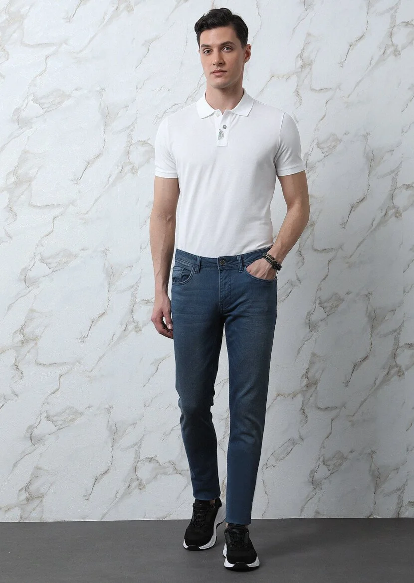 Indigo Slim Fit Denim Cotton Blended Trousers - 4