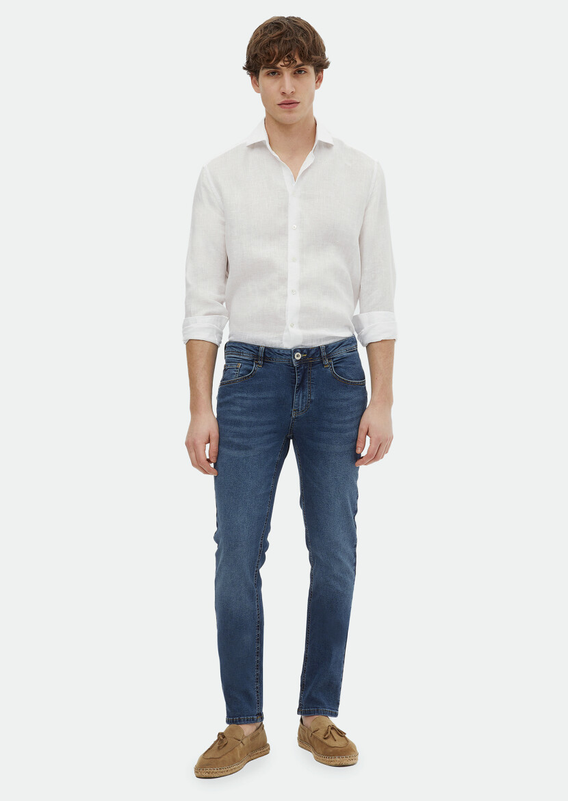 Indigo Slim Fit Denim Cotton Blended Trousers - 1