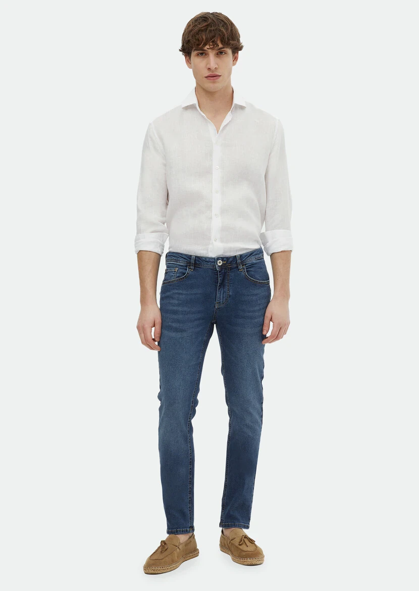 Indigo Slim Fit Denim Cotton Blended Trousers - 1