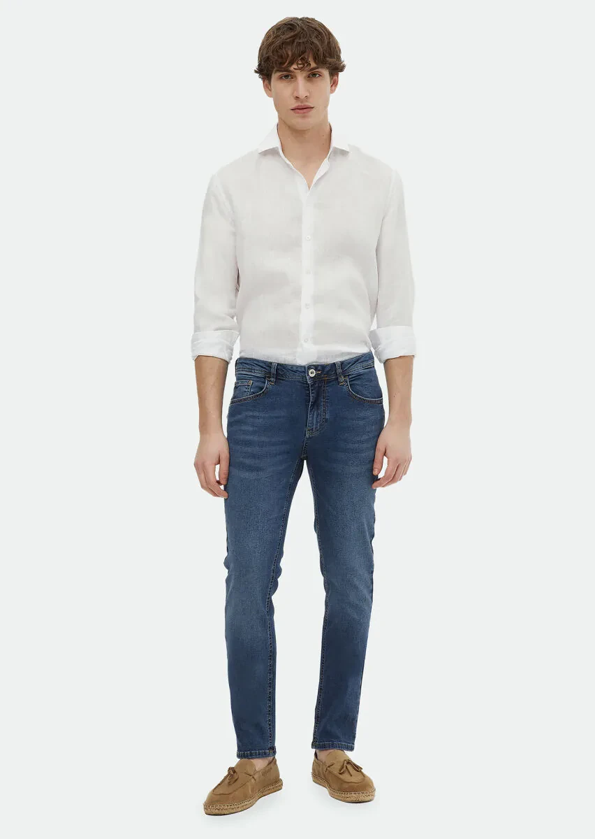 Indigo Slim Fit Denim Cotton Blended Trousers - 1