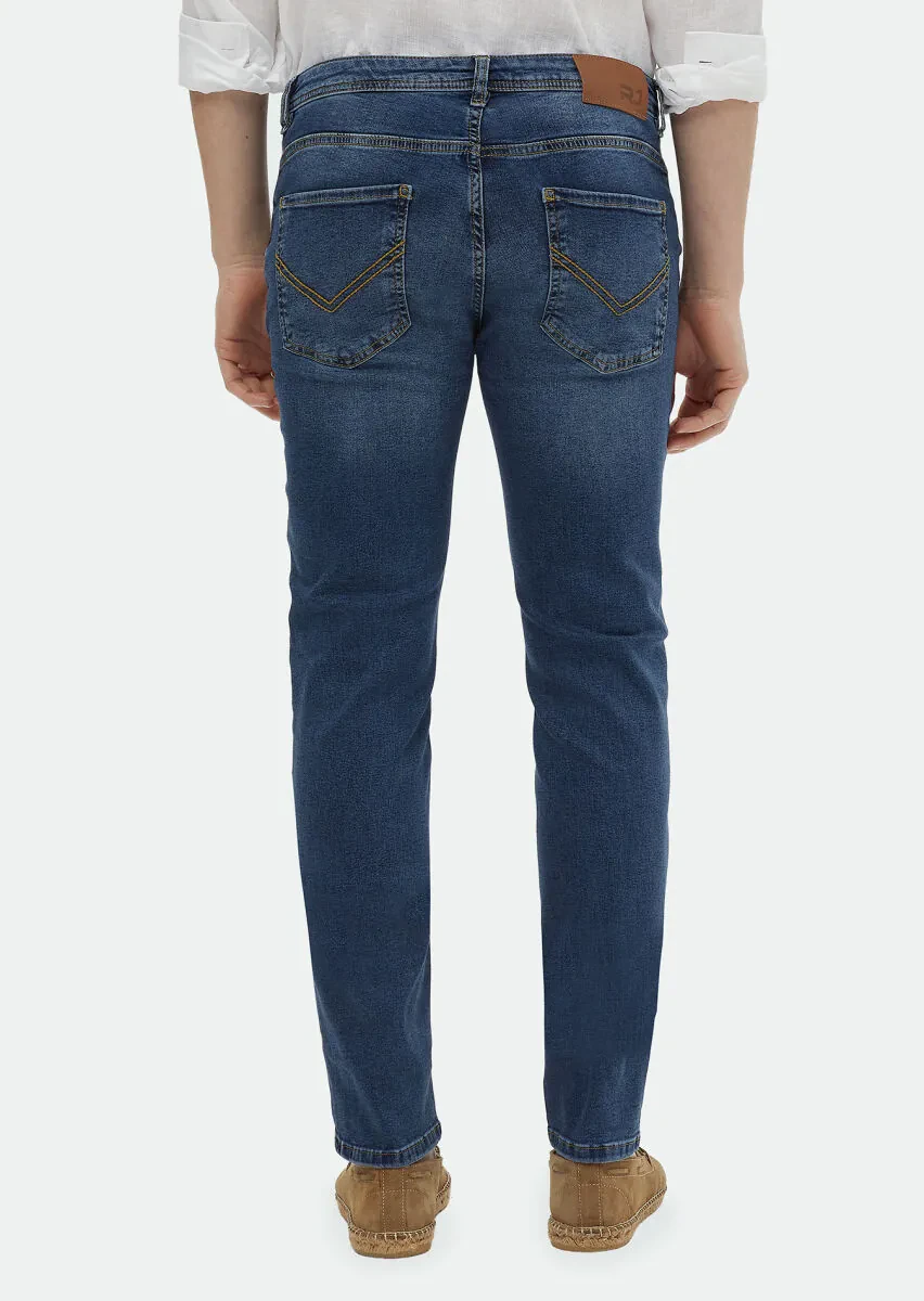 Indigo Slim Fit Denim Cotton Blended Trousers - 5