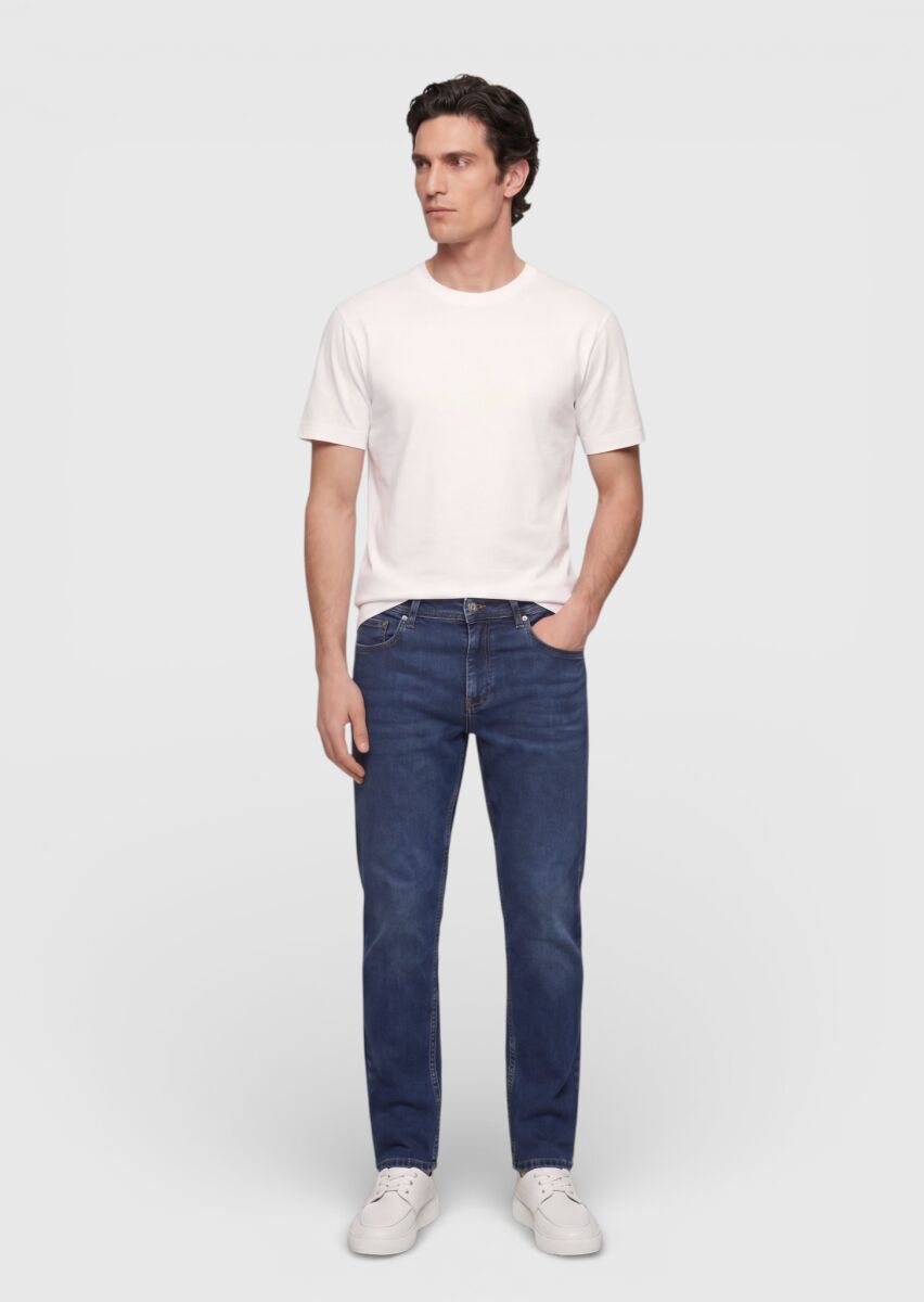 Indigo Slim Fit Denim Cotton Blended Trousers - 1