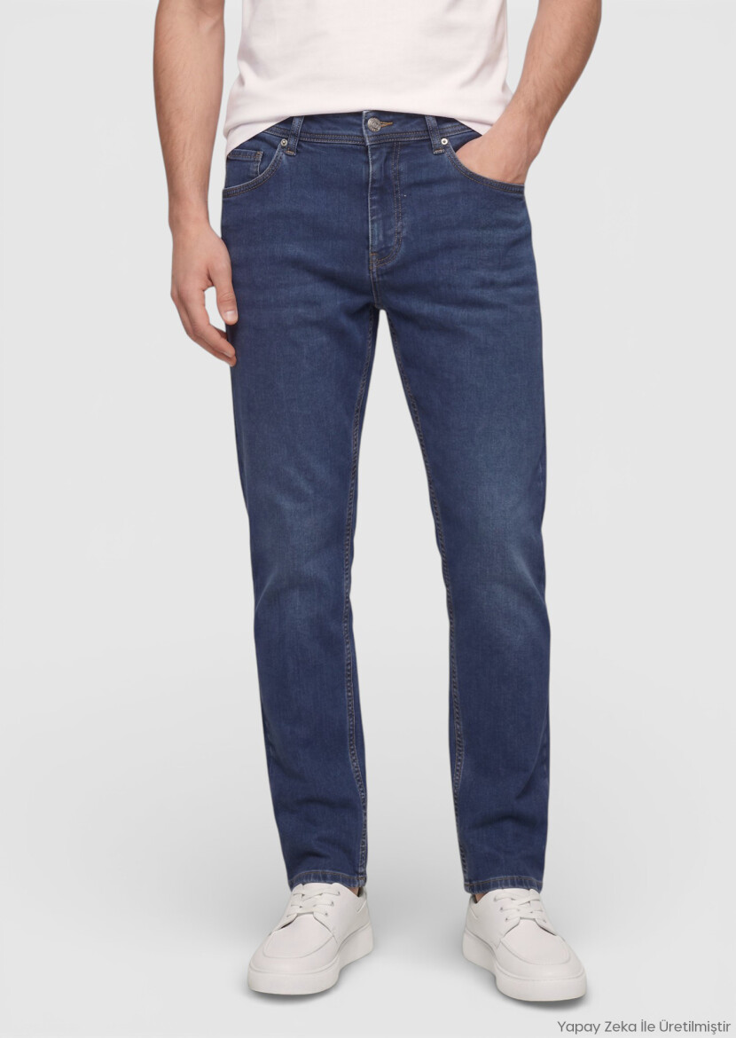 İndigo Düz Slim Fit Denim Pamuk Karışımlı Pantolon - RAMSEY