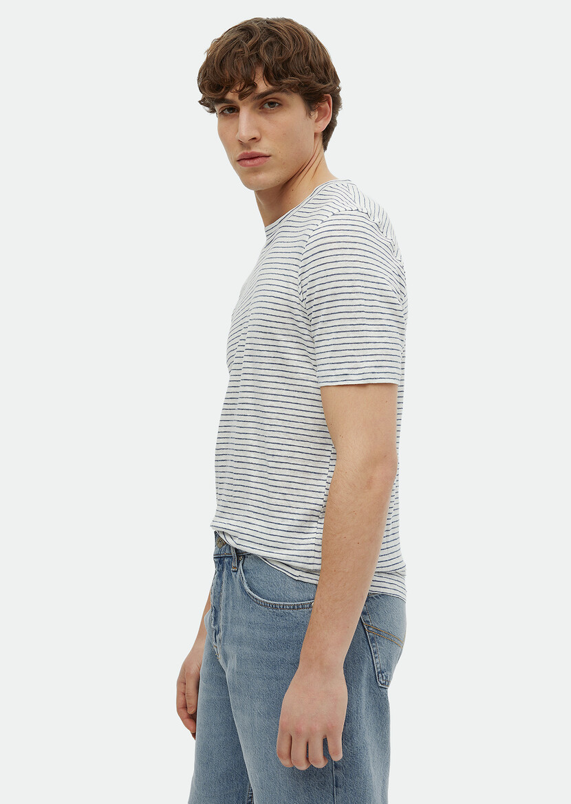 Indigo Striped Crew Neck 100% Linen T-Shirt 