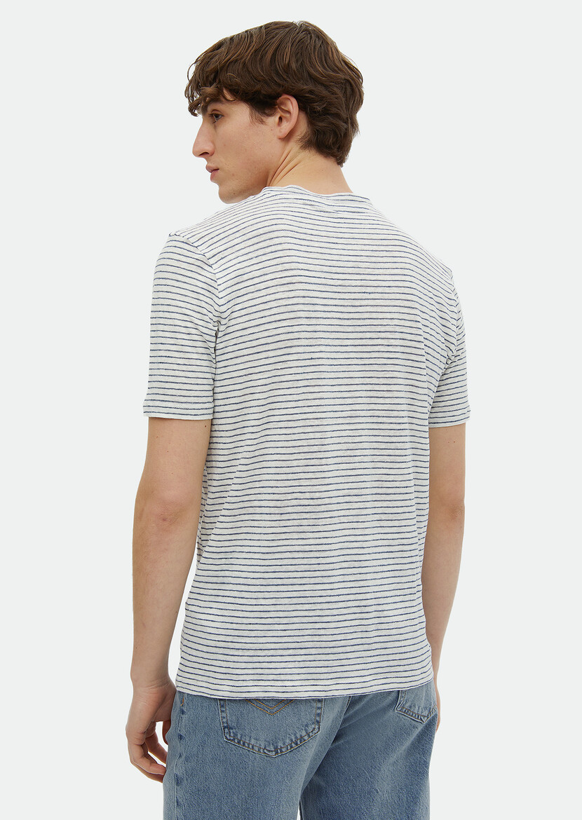 Indigo Striped Crew Neck 100% Linen T-Shirt - 4