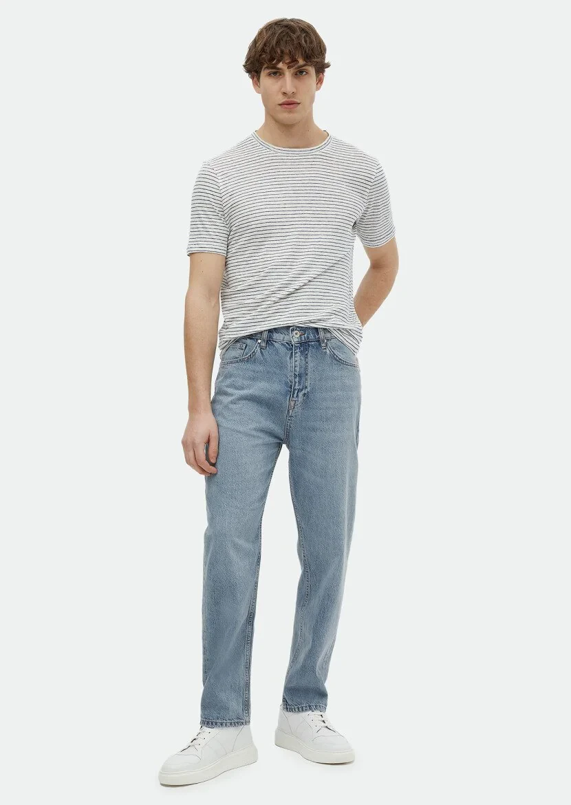 Indigo Striped Crew Neck 100% Linen T-Shirt 