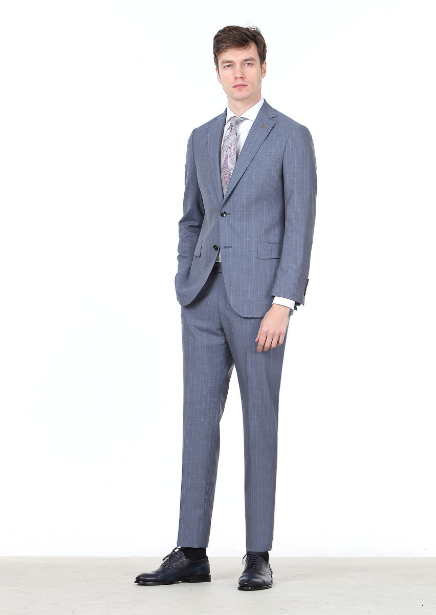 Indigo Striped Regular Fit 100% Wool Suit - 1