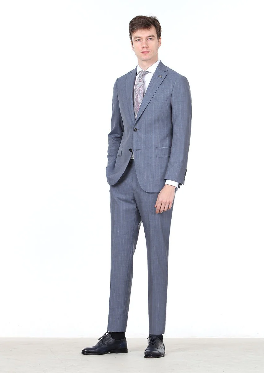 Indigo Striped Regular Fit 100% Wool Suit - 1