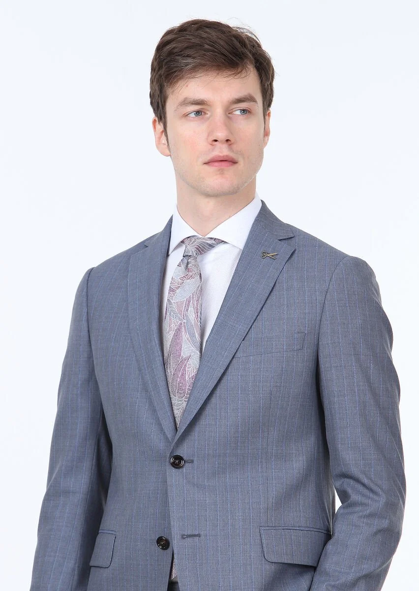 Indigo Striped Regular Fit 100% Wool Suit - 3