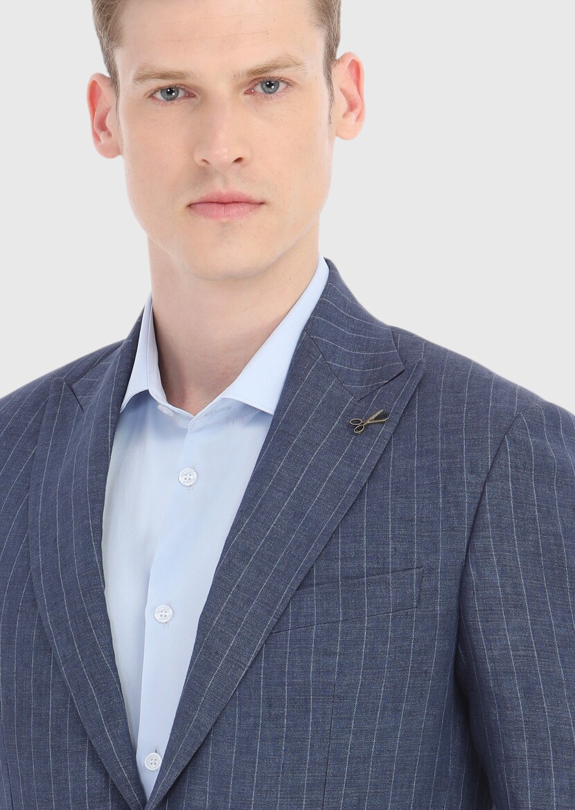Indigo Striped Zeroweight Slim Fit 100% Linen Suit - 3