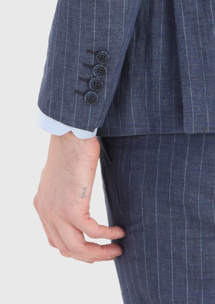 Indigo Striped Zeroweight Slim Fit 100% Linen Suit - 4