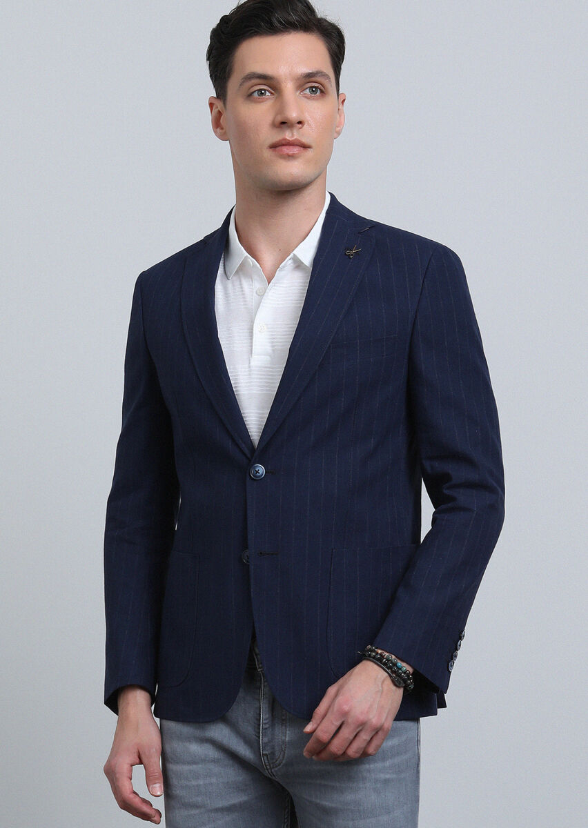 Indigo Striped Zeroweight Slim Fit Cotton Blended Jacket - 2