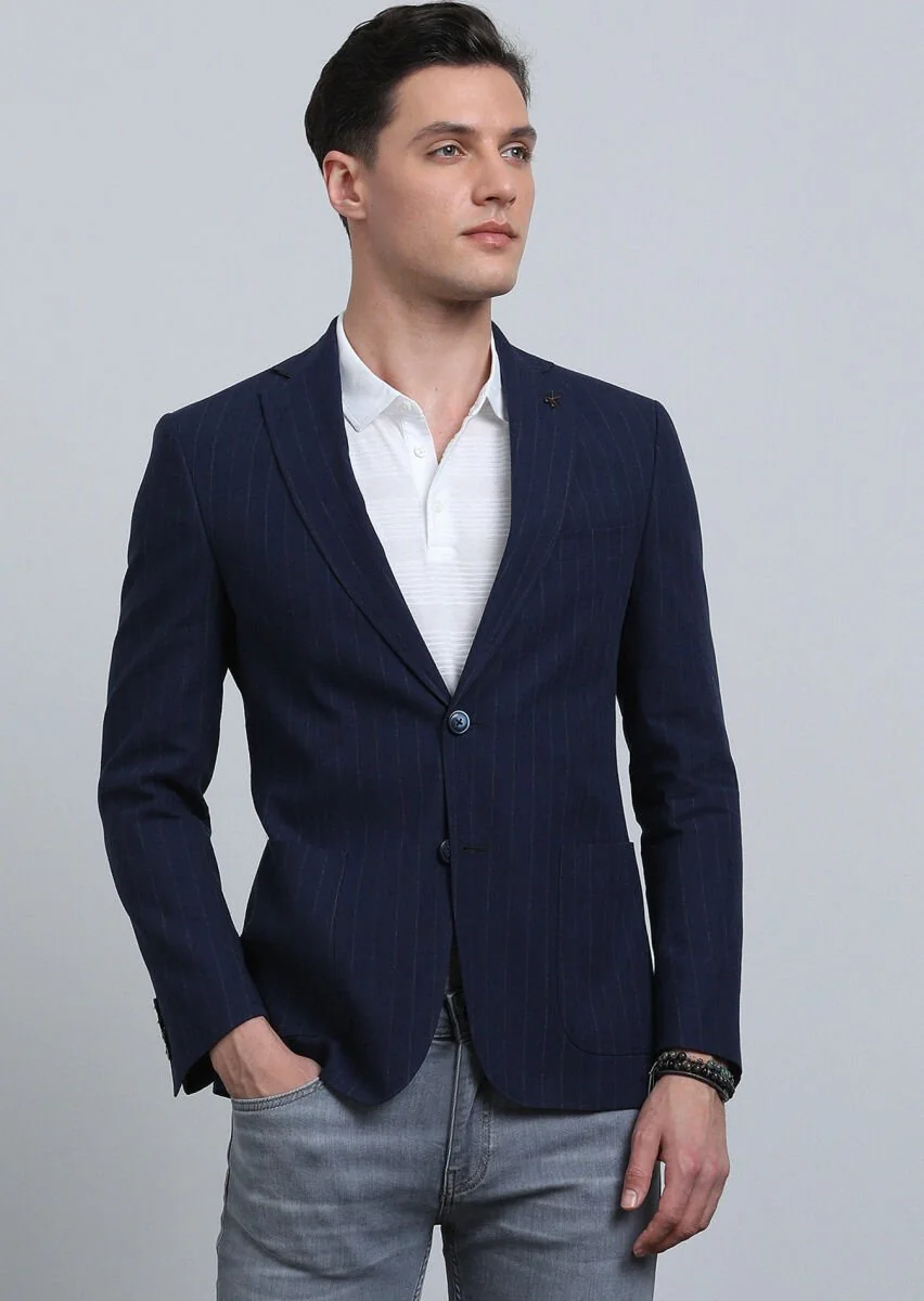Indigo Striped Zeroweight Slim Fit Cotton Blended Jacket - 1