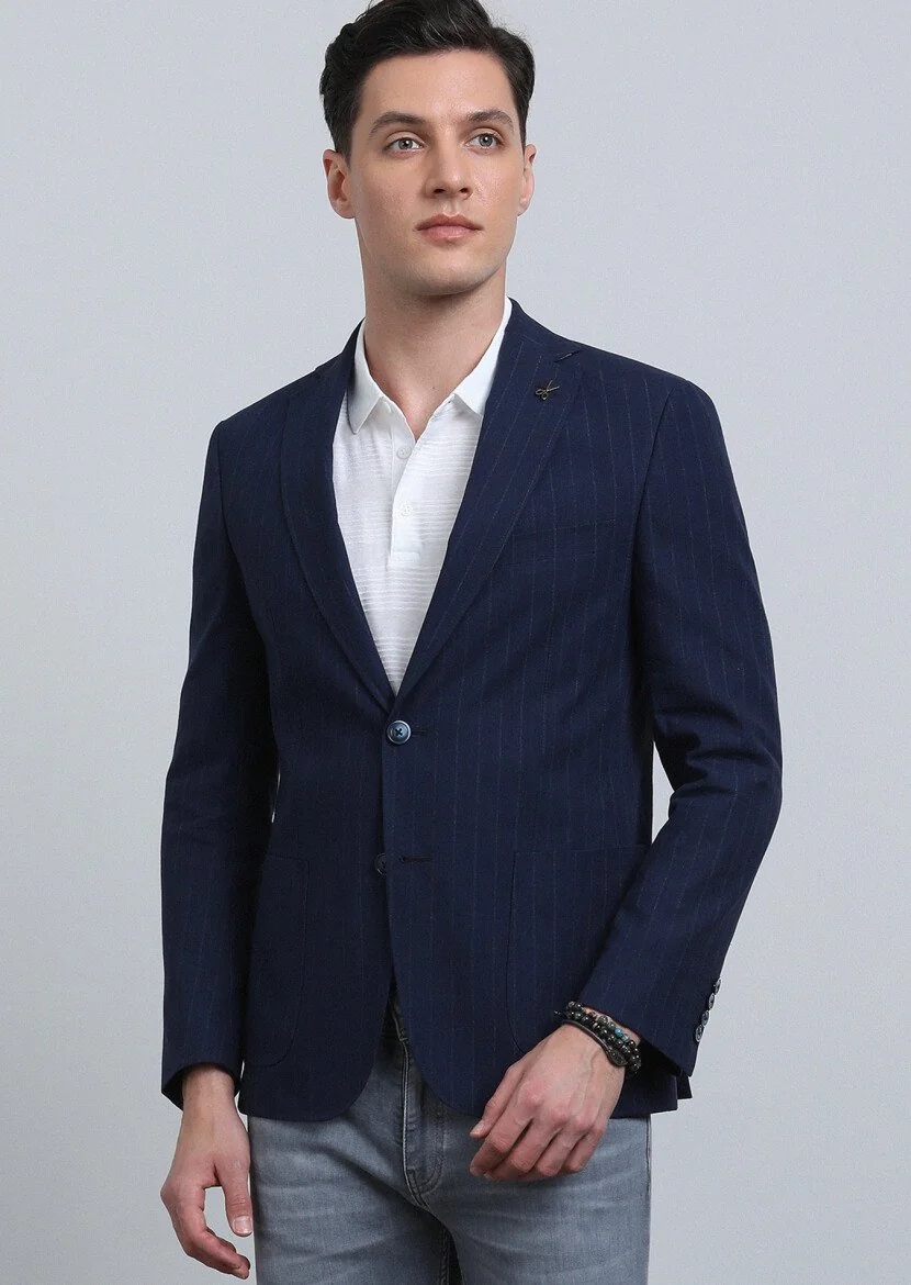 Indigo Striped Zeroweight Slim Fit Cotton Blended Jacket - 2