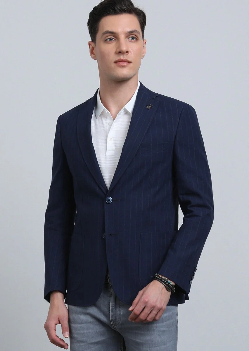 Indigo Striped Zeroweight Slim Fit Cotton Blended Jacket - 2