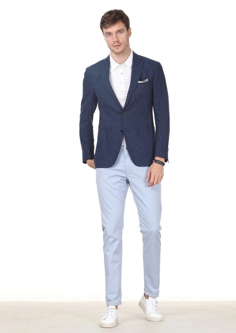 Indigo Striped Zeroweight Slim Fit Cotton Blended Jacket - 3