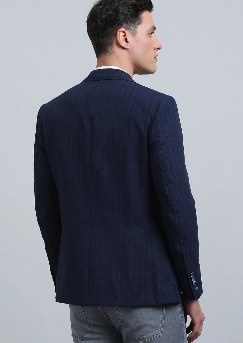 Indigo Striped Zeroweight Slim Fit Cotton Blended Jacket - 5