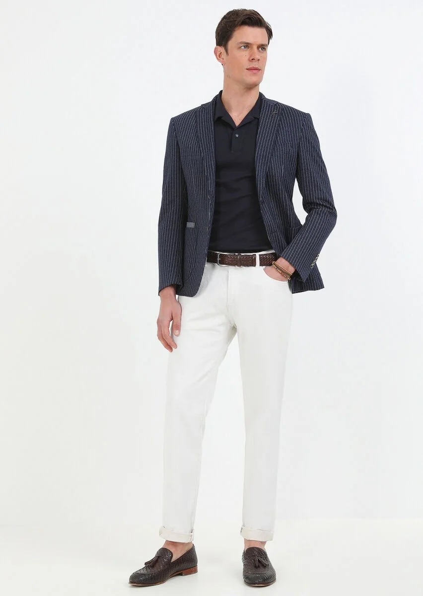 Indigo Striped Zeroweight Slim Fit Cotton Blended Jacket - 1