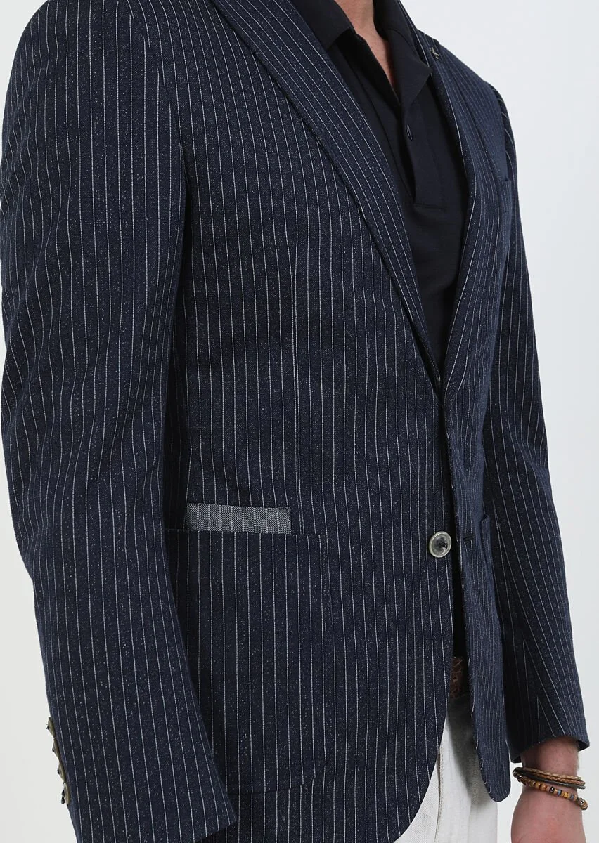 Indigo Striped Zeroweight Slim Fit Cotton Blended Jacket - 3
