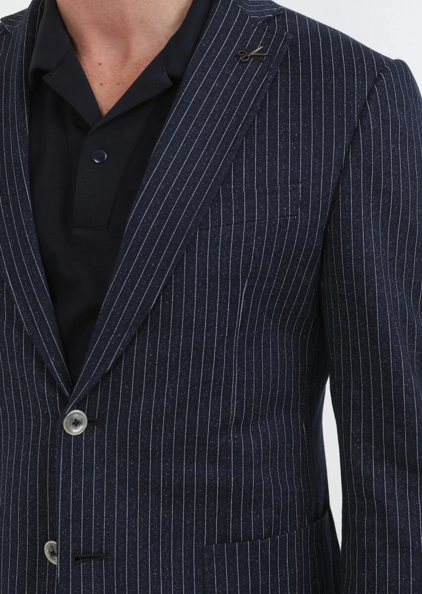 Indigo Striped Zeroweight Slim Fit Cotton Blended Jacket - 4