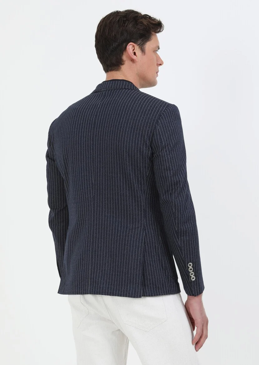 Indigo Striped Zeroweight Slim Fit Cotton Blended Jacket - 5