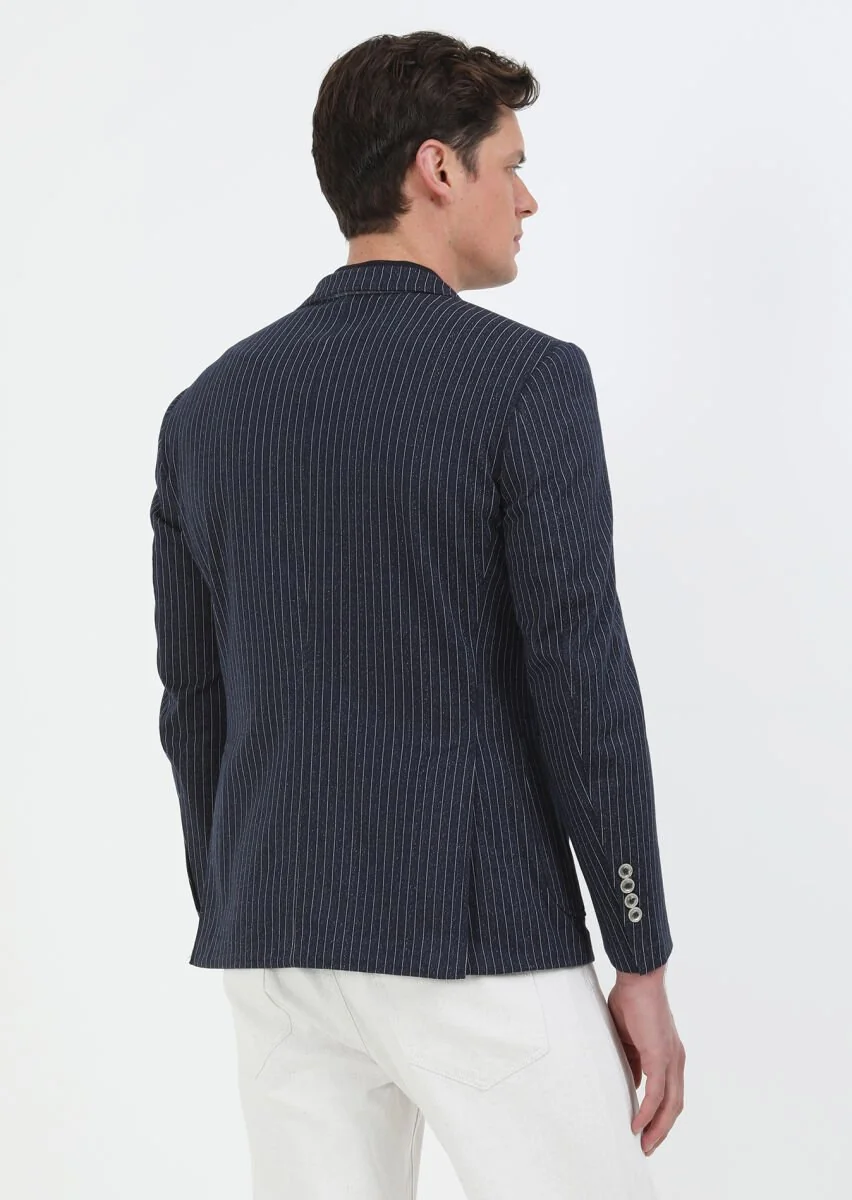 Indigo Striped Zeroweight Slim Fit Cotton Blended Jacket - 5