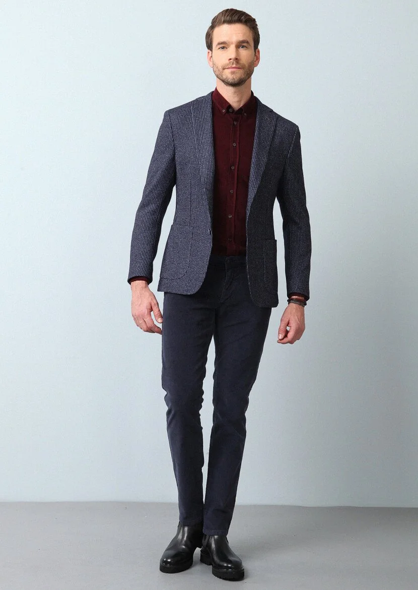 Indigo Striped Zeroweight Slim Fit Wool Blended Jacket - 4