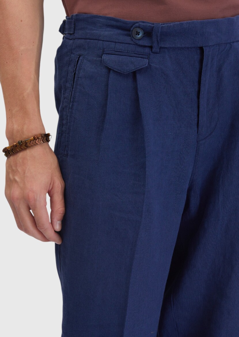 Indigo Weaving Carrot Fit Casual 100% Linen Trousers - 3