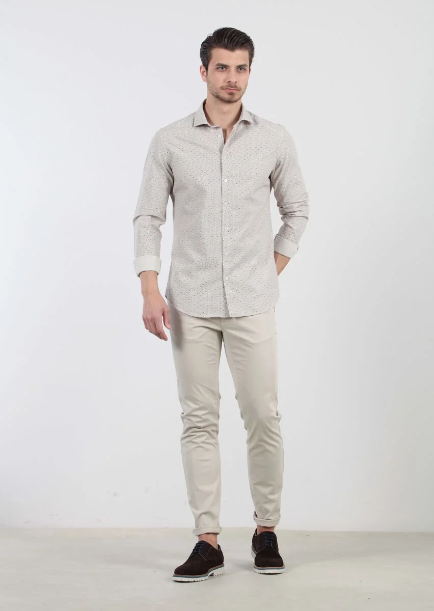 Kahverengi Baskılı Fitted Fit Dokuma Casual %100 Pamuk Gömlek - 2