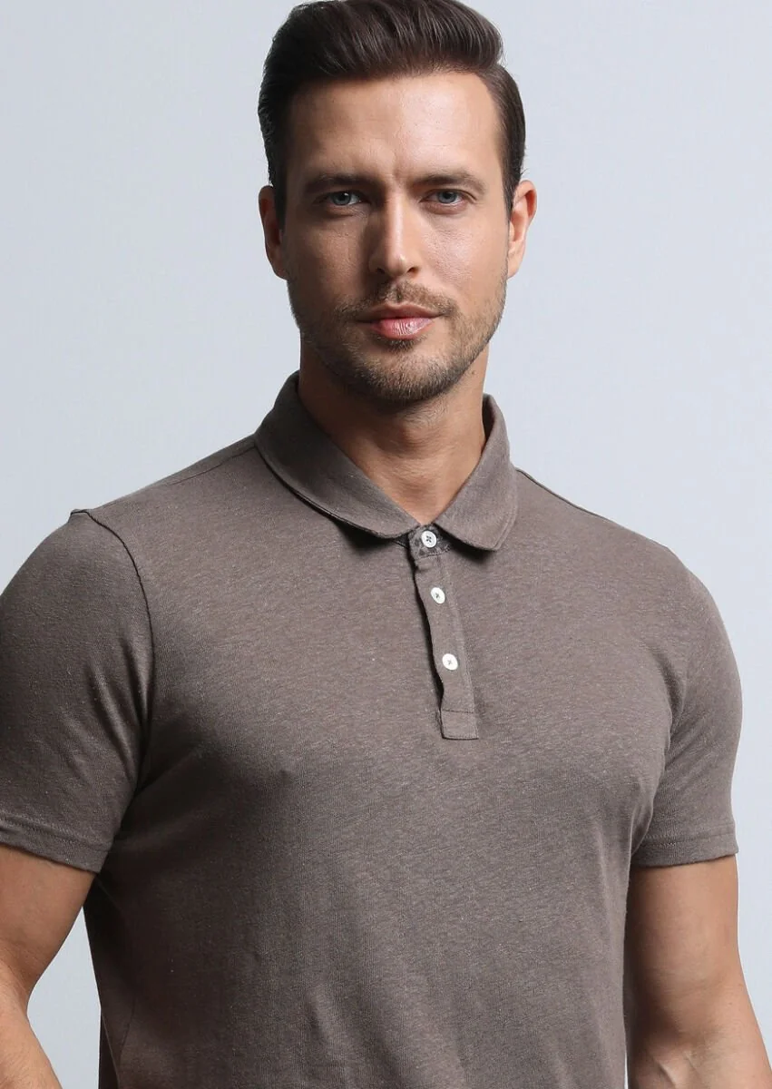 Kahverengi Baskılı Polo Yaka Pamuk Karışımlı T-Shirt - 3
