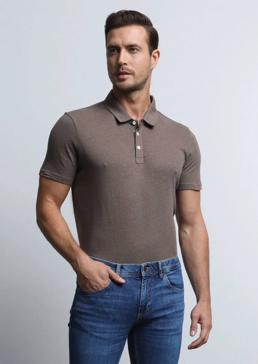 Kahverengi Baskılı Polo Yaka Pamuk Karışımlı T-Shirt - 4