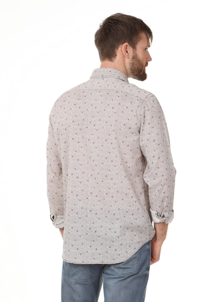 Kahverengi Baskılı Regular Fit Dokuma Casual %100 Pamuk Gömlek - 4