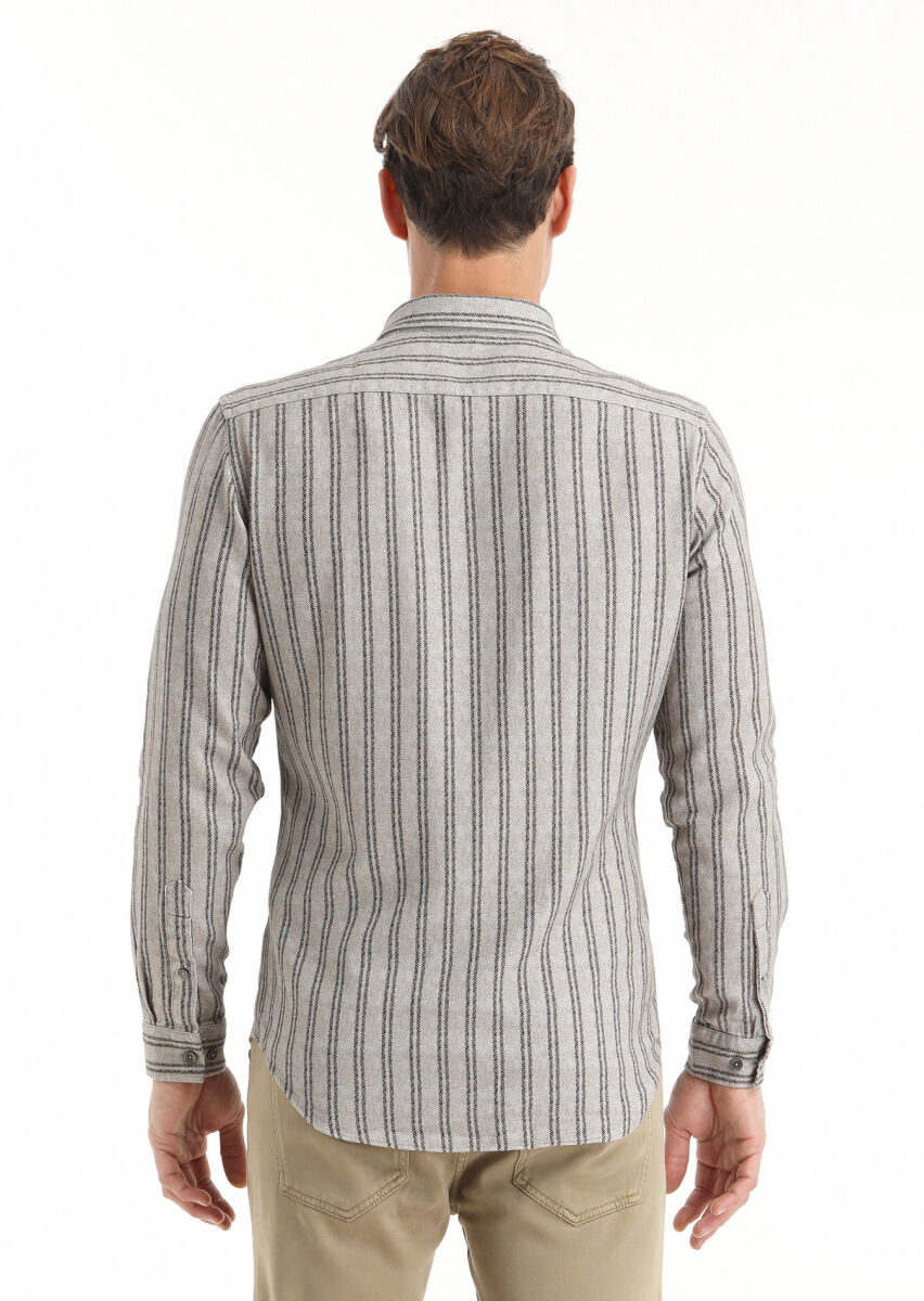 Kahverengi Baskılı Regular Fit Uzun Dokuma Casual %100 Pamuk Gömlek - 5