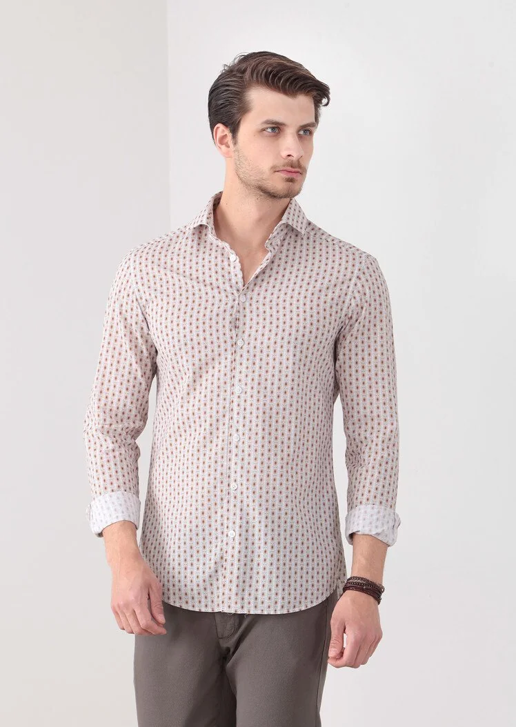 Kahverengi Baskılı Slim Fit Dokuma Casual %100 Pamuk Gömlek - 1