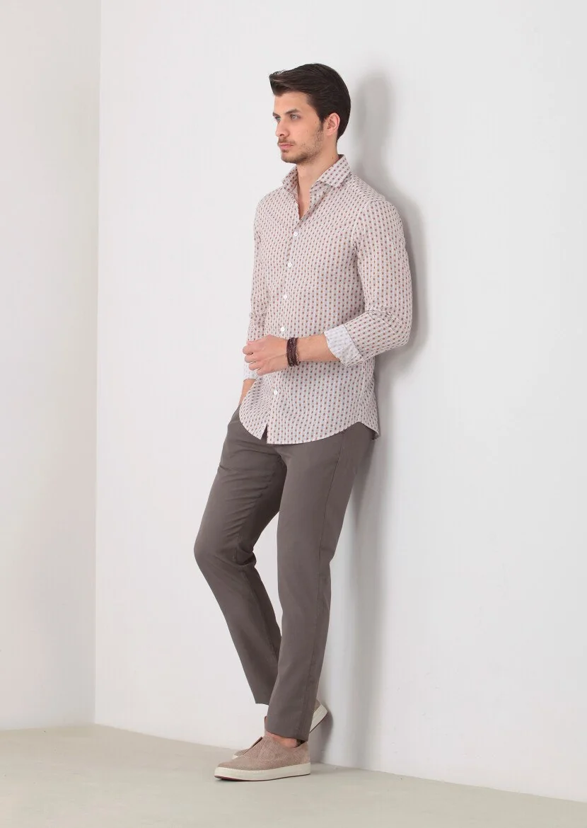 Kahverengi Baskılı Slim Fit Dokuma Casual %100 Pamuk Gömlek 