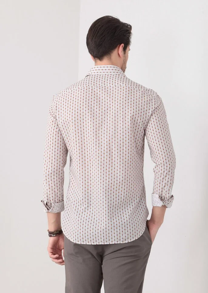 Kahverengi Baskılı Slim Fit Dokuma Casual %100 Pamuk Gömlek - 5
