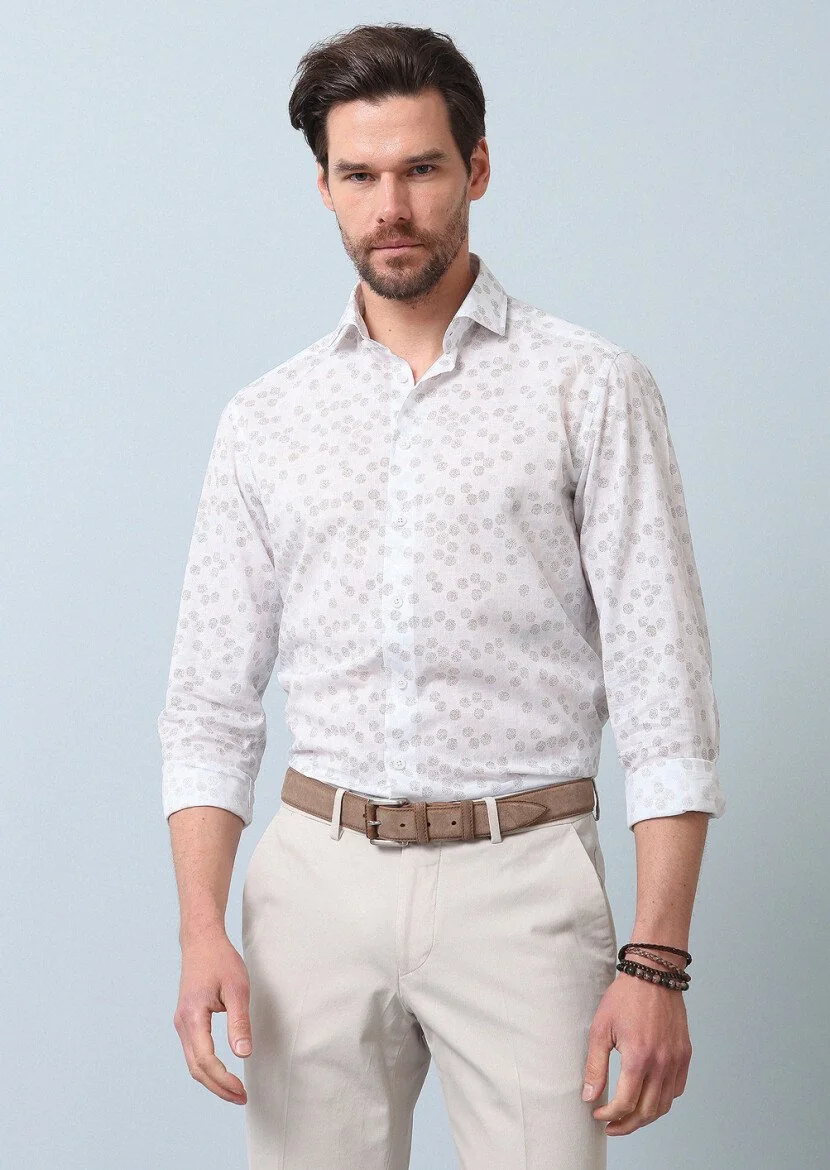 Kahverengi Baskılı Slim Fit Dokuma Casual %100 Pamuk Gömlek - 3