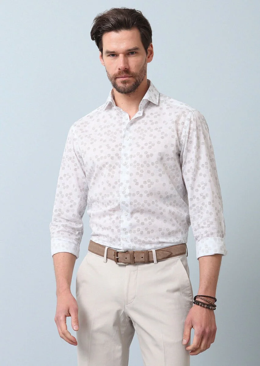 Kahverengi Baskılı Slim Fit Dokuma Casual %100 Pamuk Gömlek - 3
