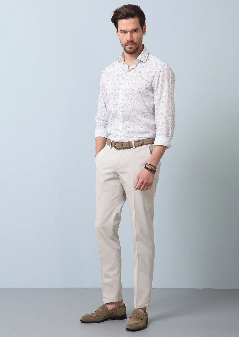 Kahverengi Baskılı Slim Fit Dokuma Casual %100 Pamuk Gömlek - 4