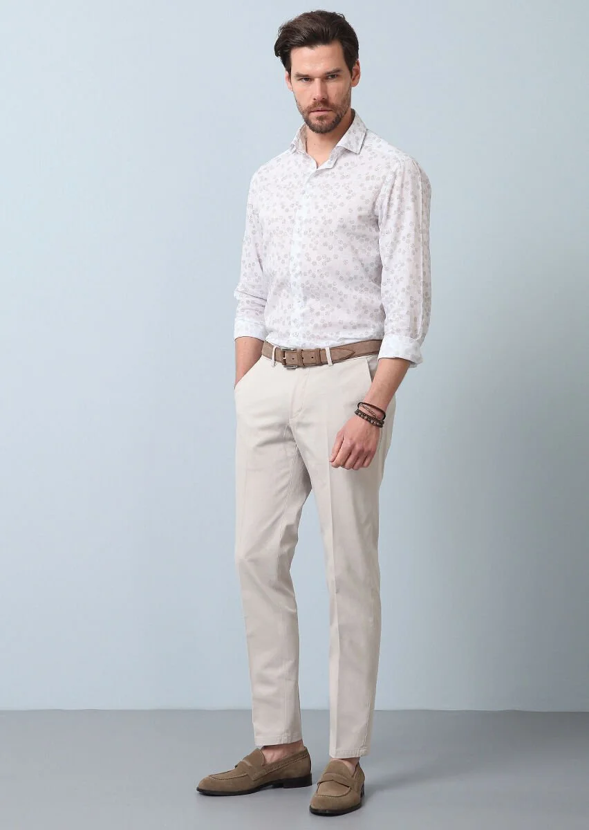 Kahverengi Baskılı Slim Fit Dokuma Casual %100 Pamuk Gömlek - 4