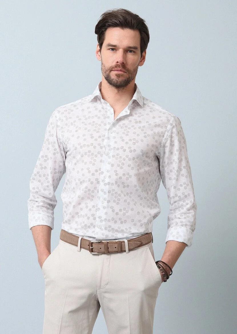 Kahverengi Baskılı Slim Fit Dokuma Casual %100 Pamuk Gömlek - 5