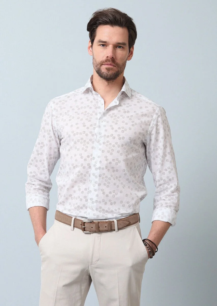 Kahverengi Baskılı Slim Fit Dokuma Casual %100 Pamuk Gömlek - 5