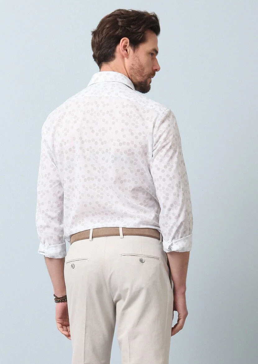 Kahverengi Baskılı Slim Fit Dokuma Casual %100 Pamuk Gömlek - 6