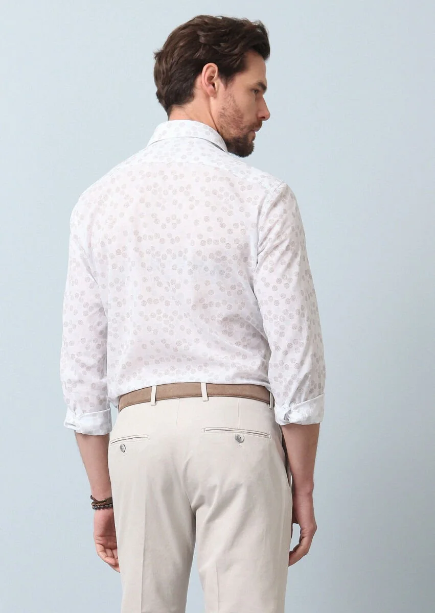 Kahverengi Baskılı Slim Fit Dokuma Casual %100 Pamuk Gömlek - 6