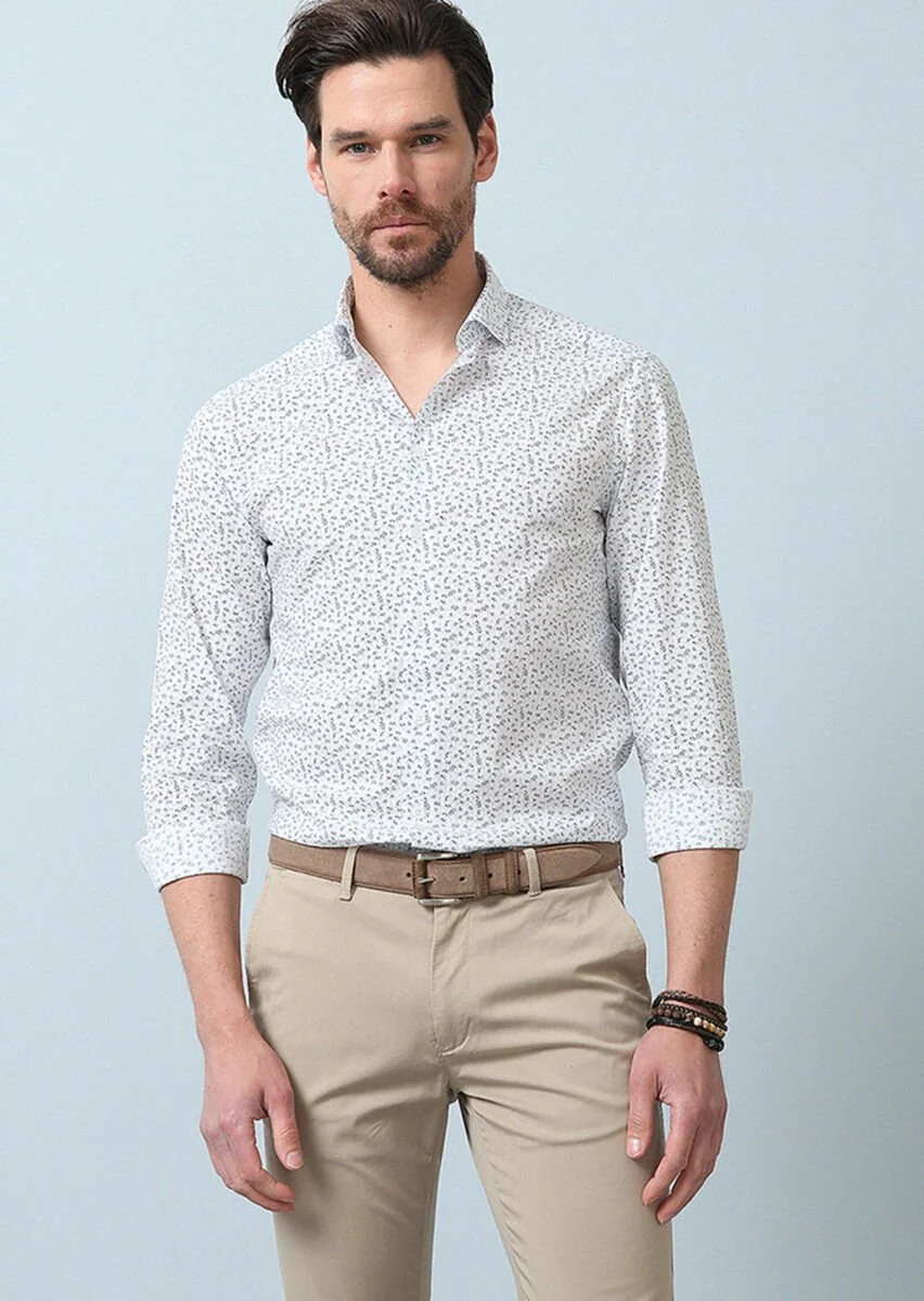 Kahverengi Baskılı Slim Fit Dokuma Casual %100 Pamuk Gömlek - 1