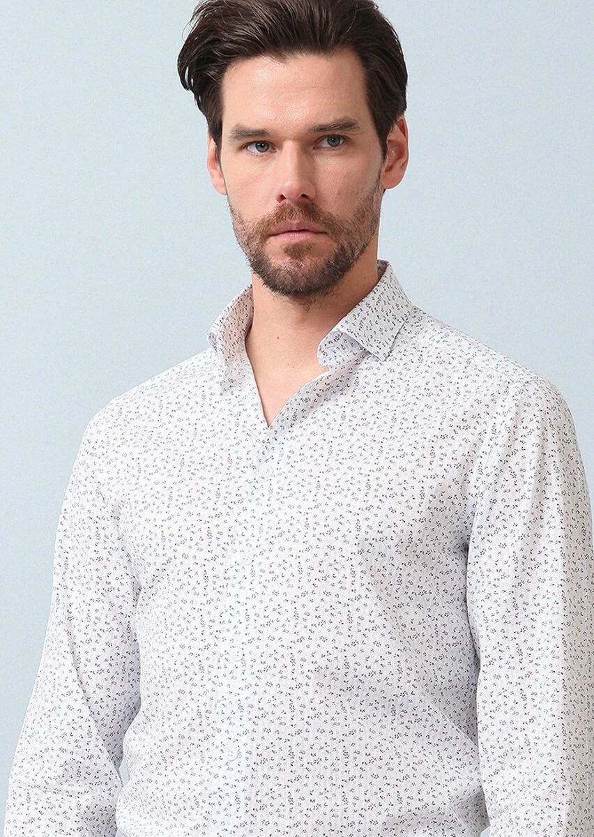 Kahverengi Baskılı Slim Fit Dokuma Casual %100 Pamuk Gömlek - 3