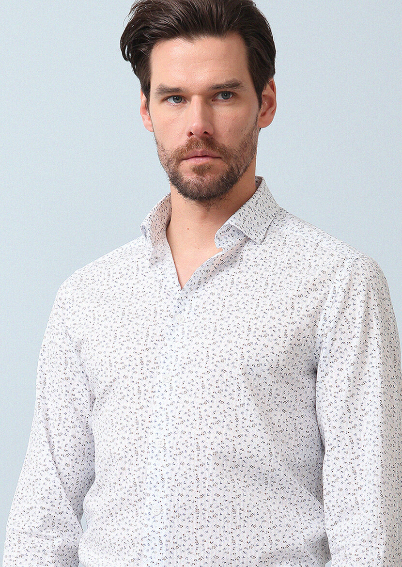 Kahverengi Baskılı Slim Fit Uzun Dokuma Casual %100 Pamuk Gömlek - 3