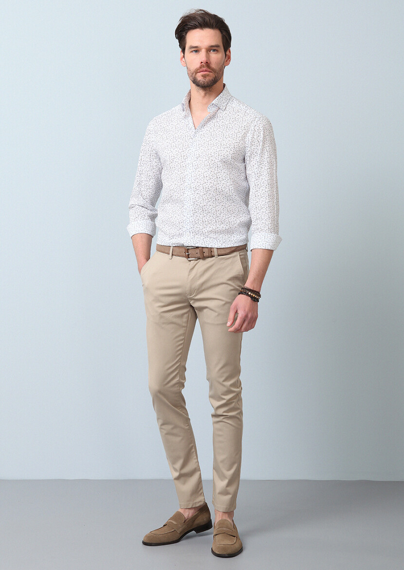 Kahverengi Baskılı Slim Fit Uzun Dokuma Casual %100 Pamuk Gömlek - 4